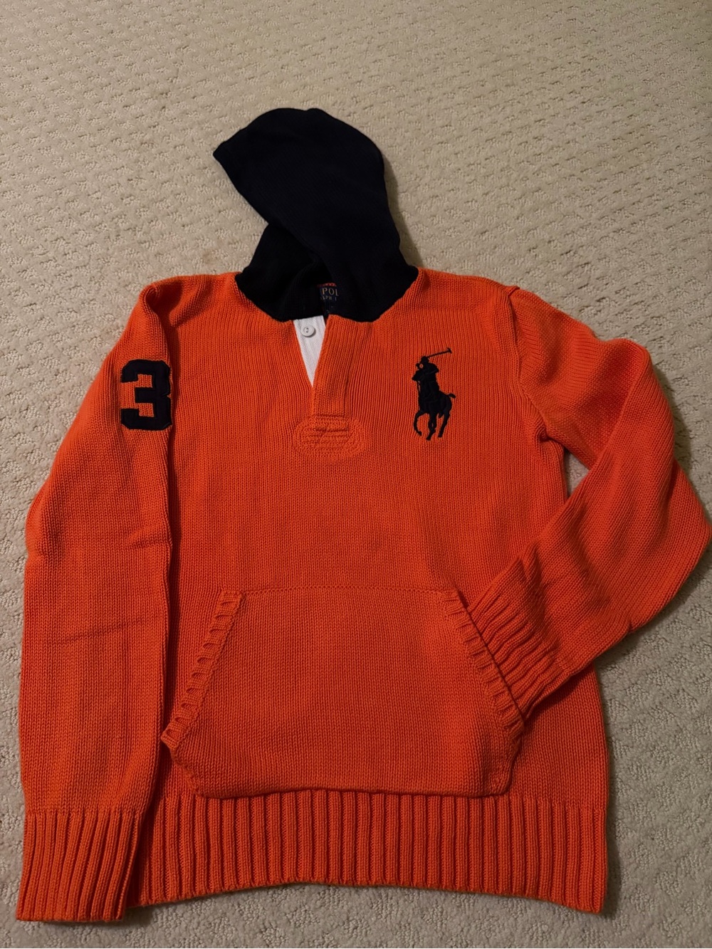 Polo by Ralph Lauren Orange Hooded Knit Sweater with Navy Accents - Boys 14/16